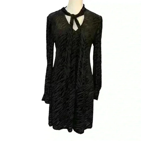Calvin Klein Black Velvet Leopard Print Burnout Long Sleeve Dress Size 4 Stretch - Picture 5 of 8